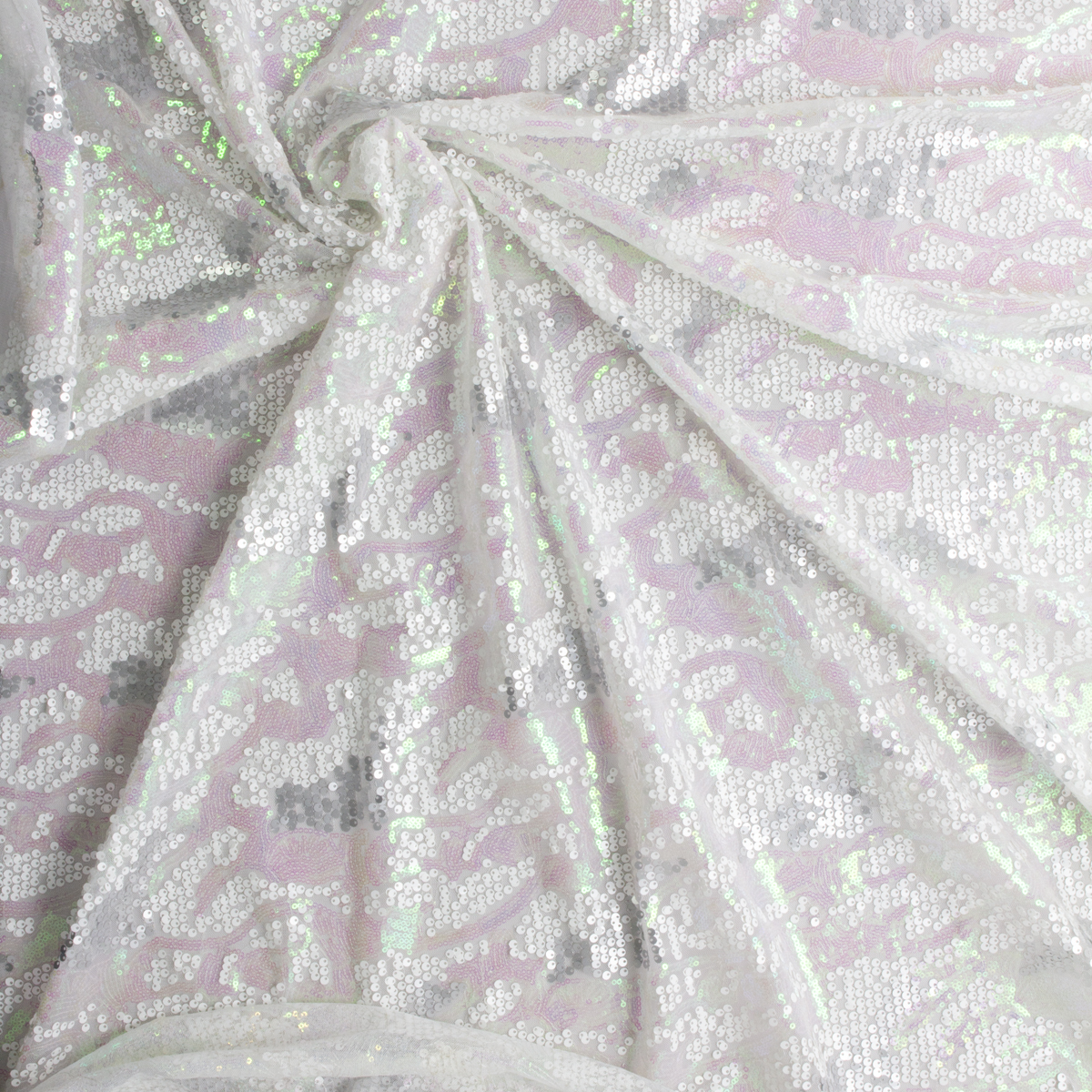 White, Silver, and Iridescent Waving Pattern Sequins on White Netting #29546 Fabric By The Yard - Wide shot