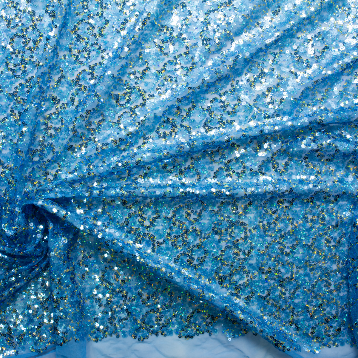 Turquoise and Gold Sequins on Turquoise Netting #29549 Fabric By The Yard - Wide shot