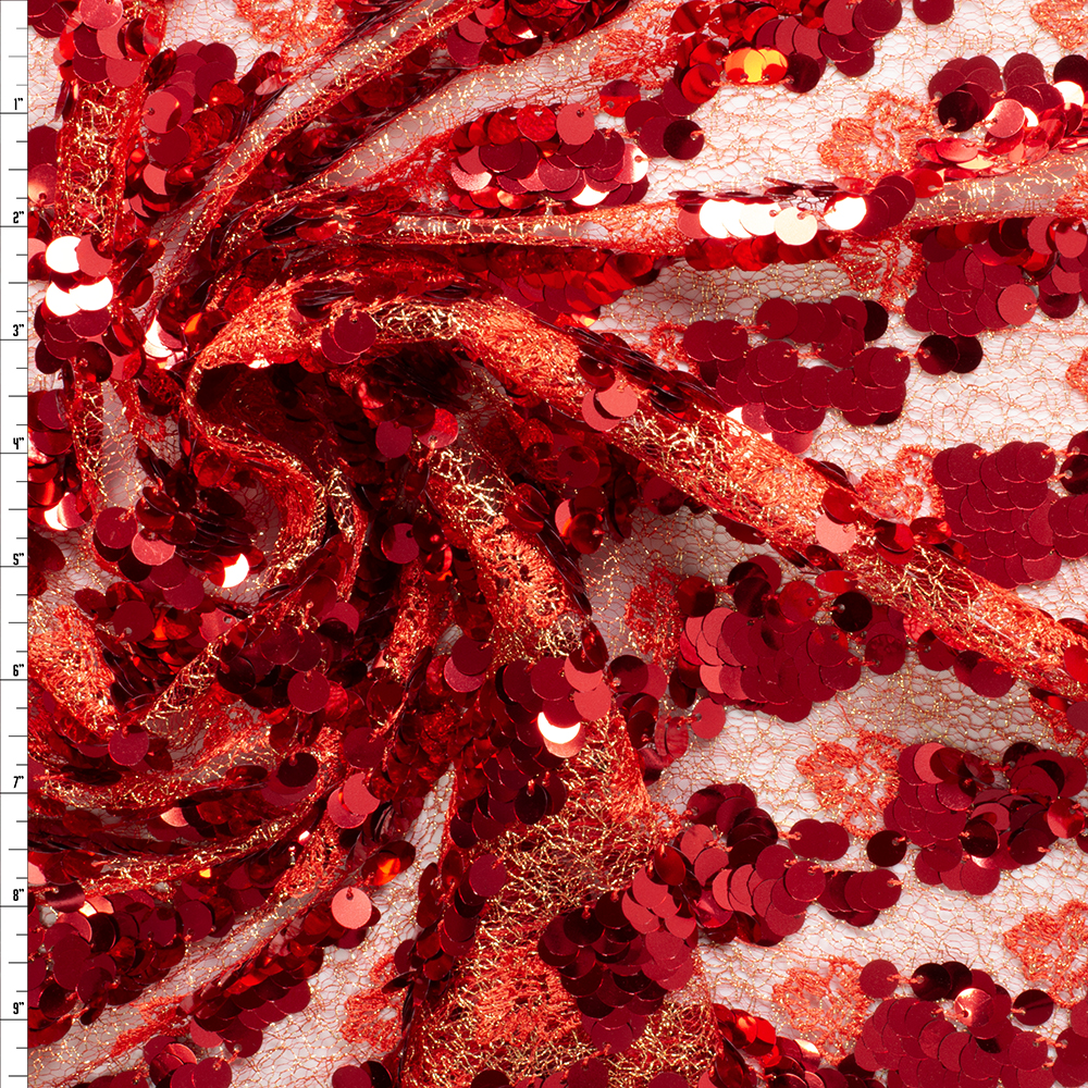 Red Sequins on Red and Gold Lace #29552 Fabric By The Yard