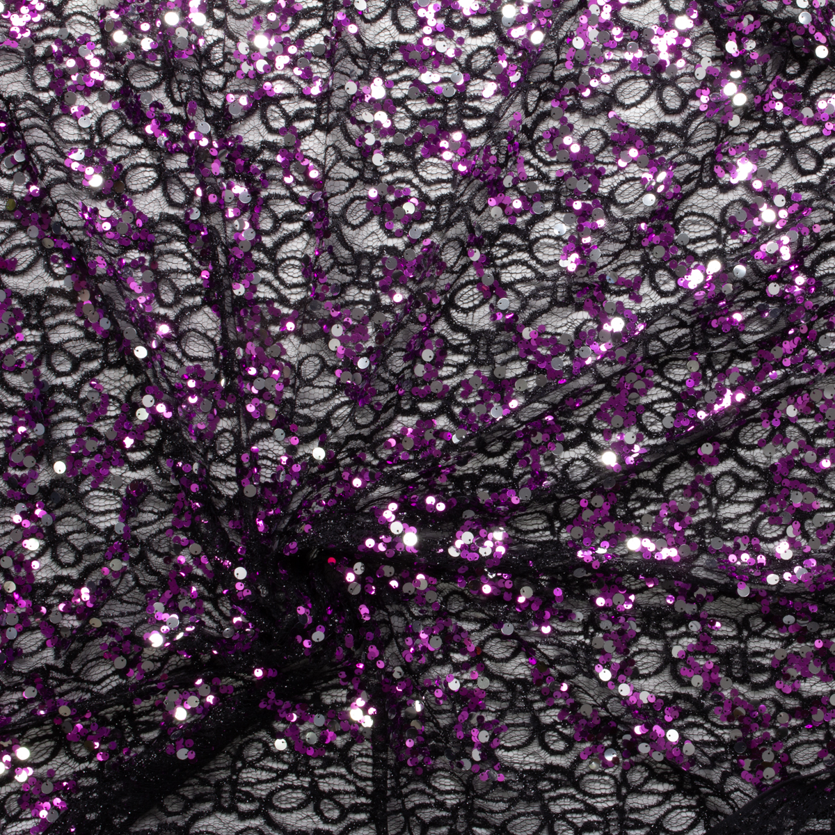 Purple and Silver Sequins on Black Lace #29554 Fabric By The Yard - Wide shot