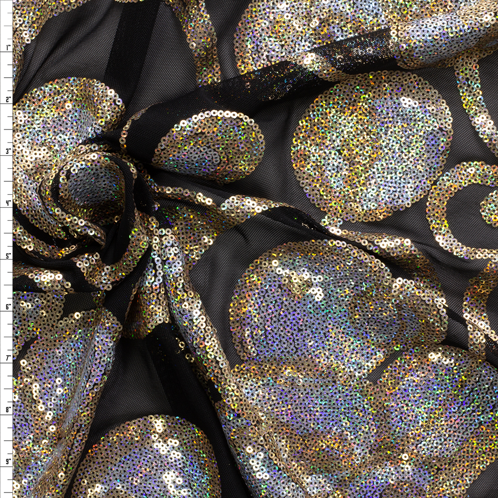 Silver and Gold Holographic Sequins on Black Power Mesh #29560 Fabric By The Yard