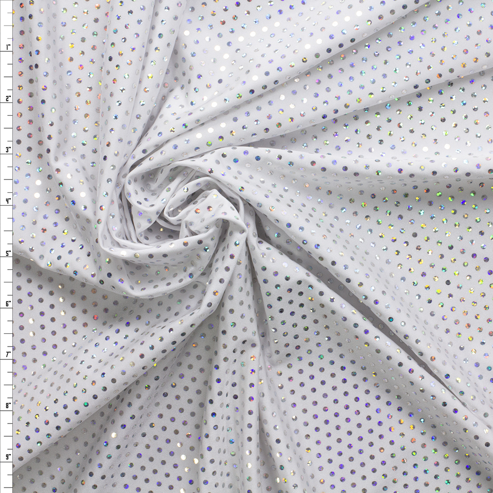 Silver Holographic Mini Sequins on White Poly/Spandex Knit #29561 Fabric By The Yard