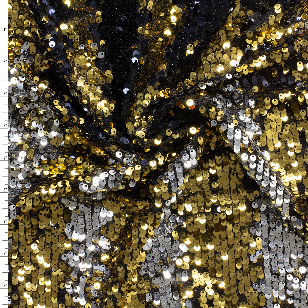 Black, Gold, and Silver Striped Reversible Sequin Netting #29562 Fabric By The Yard