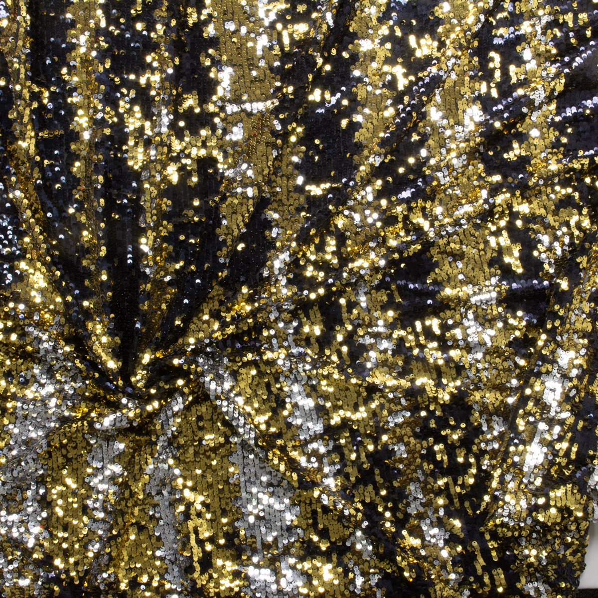 Black, Gold, and Silver Striped Reversible Sequin Netting #29562 Fabric By The Yard - Wide shot