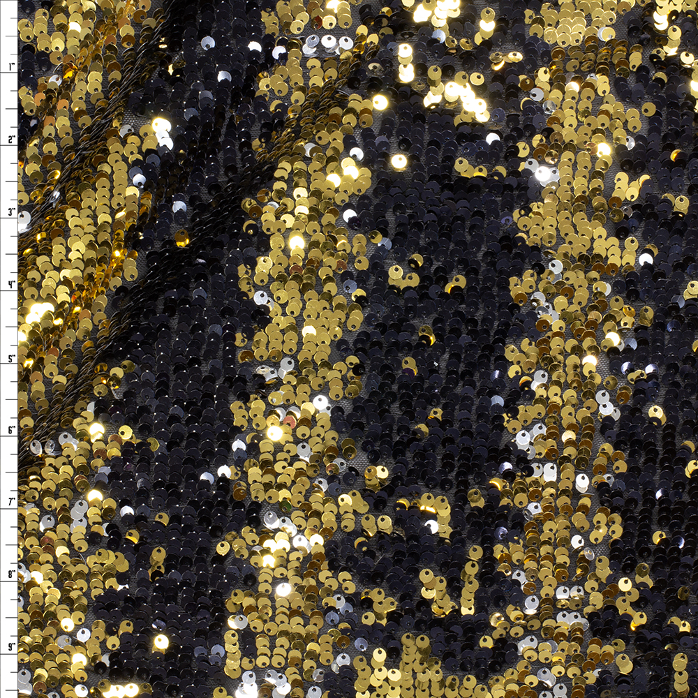 Black, Gold, and Silver Striped Reversible Sequin Netting #29562