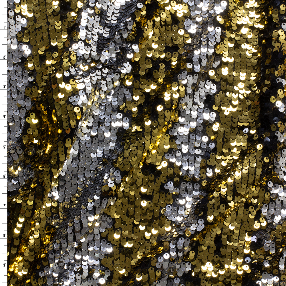 Black, Gold, and Silver Striped Reversible Sequin Netting #29562