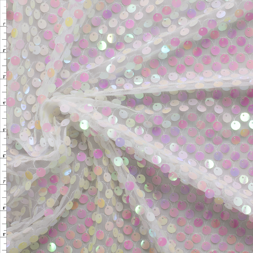 Iridescent Medallion Sequins on White Netting #29563 Fabric By The Yard