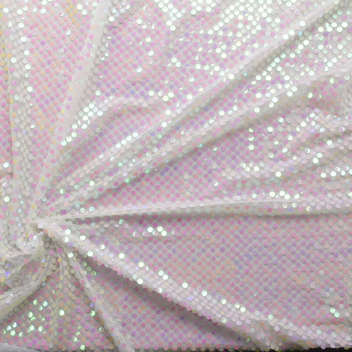 Iridescent Medallion Sequins on White Netting #29563 Fabric By The Yard - Wide shot