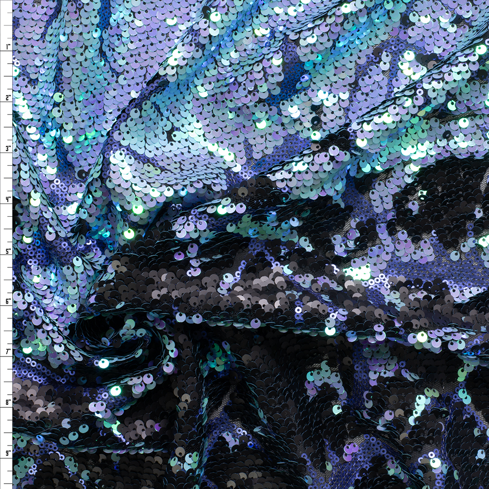 Light Blue and Black Leaf Pattern Reversible Sequins on Black Netting #29564 Fabric By The Yard