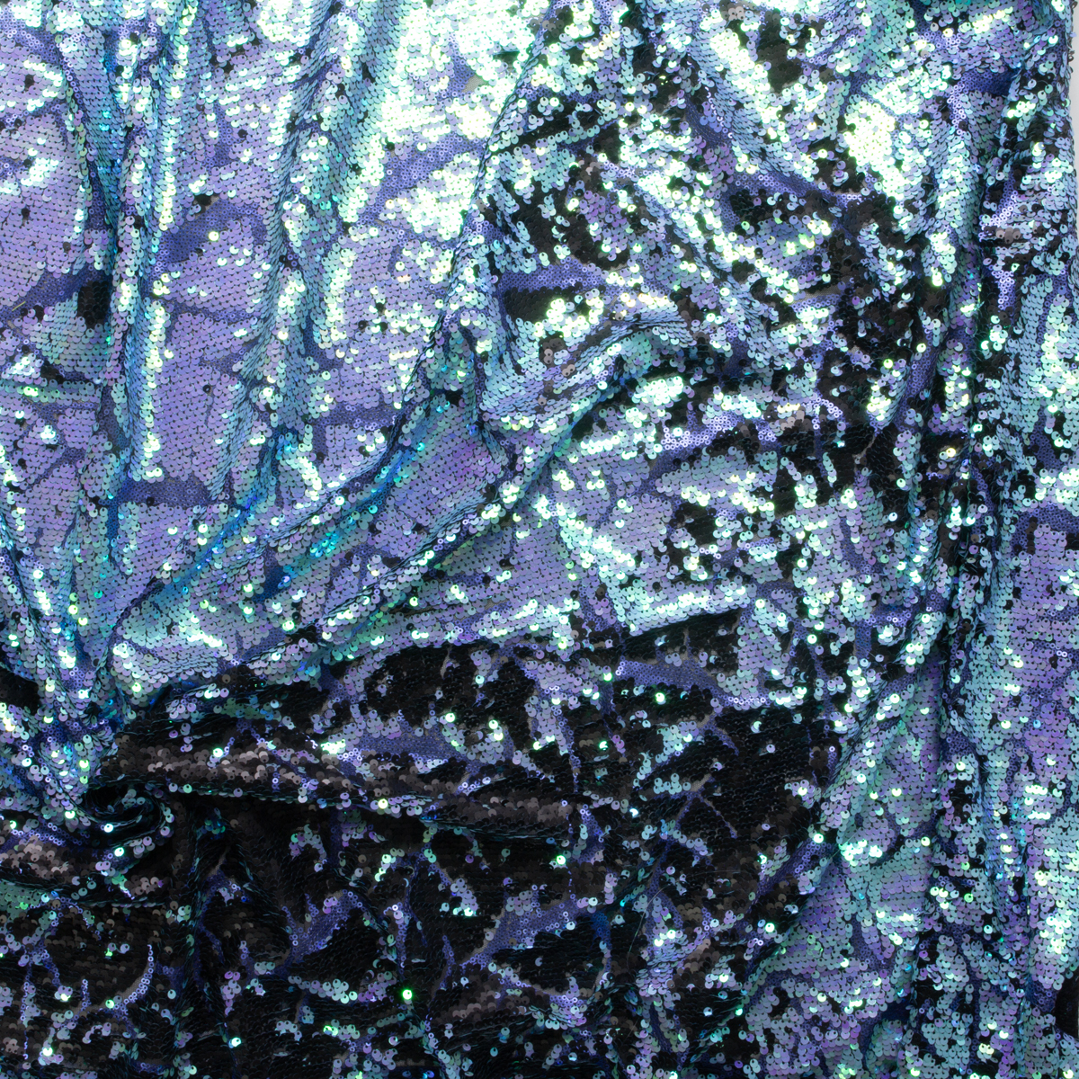 Light Blue and Black Leaf Pattern Reversible Sequins on Black Netting #29564 Fabric By The Yard - Wide shot