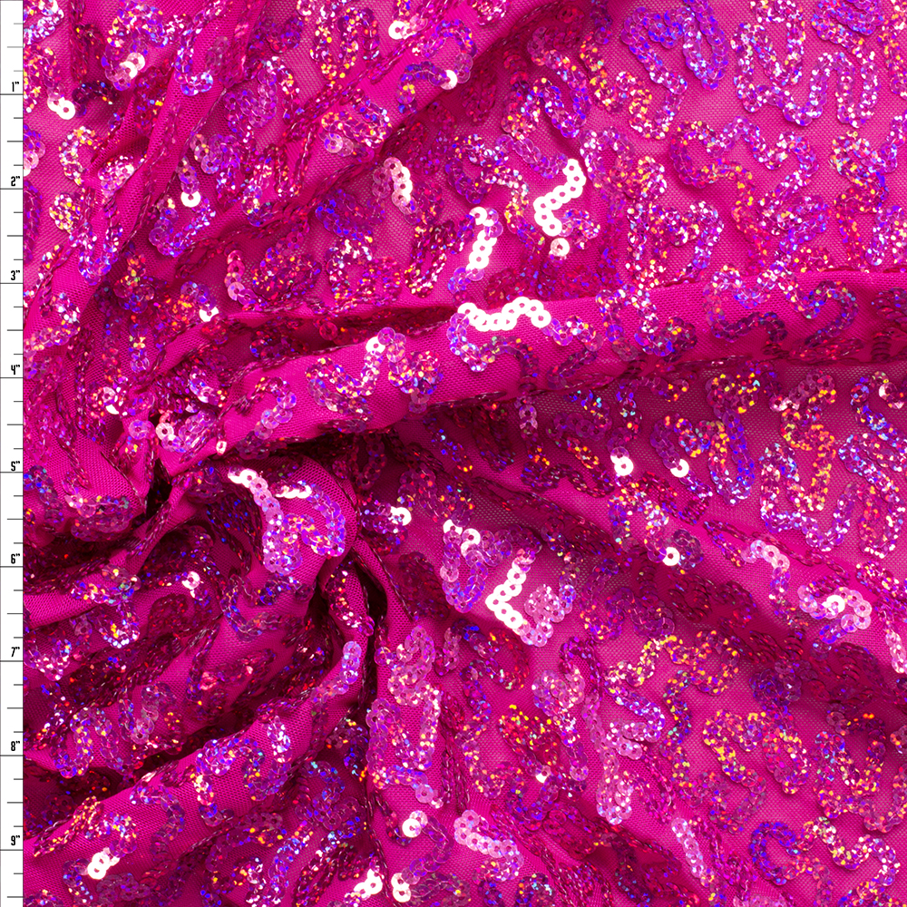 Hot Pink Holographic Sequins on Hot Pink Power Mesh #29572 Fabric By The Yard