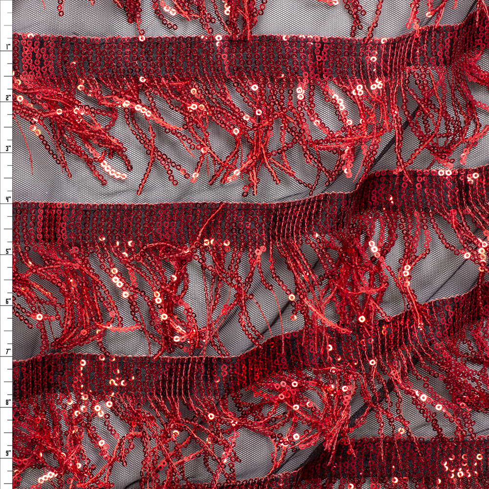 Red Sequin Fringe on Black Netting #29576 Fabric By The Yard