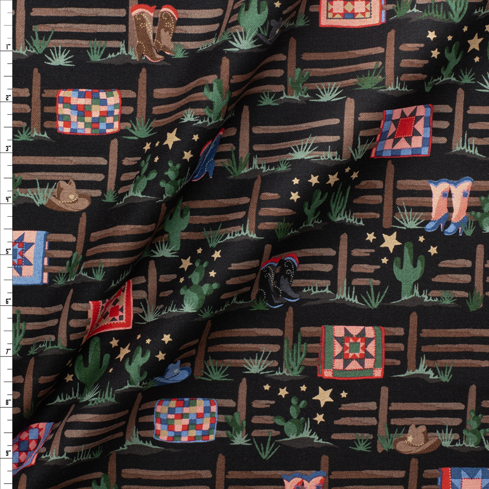 Quiltin Cowgirls Black Cotton Novelty Print From Maywood Studios #29595 Fabric By The Yard