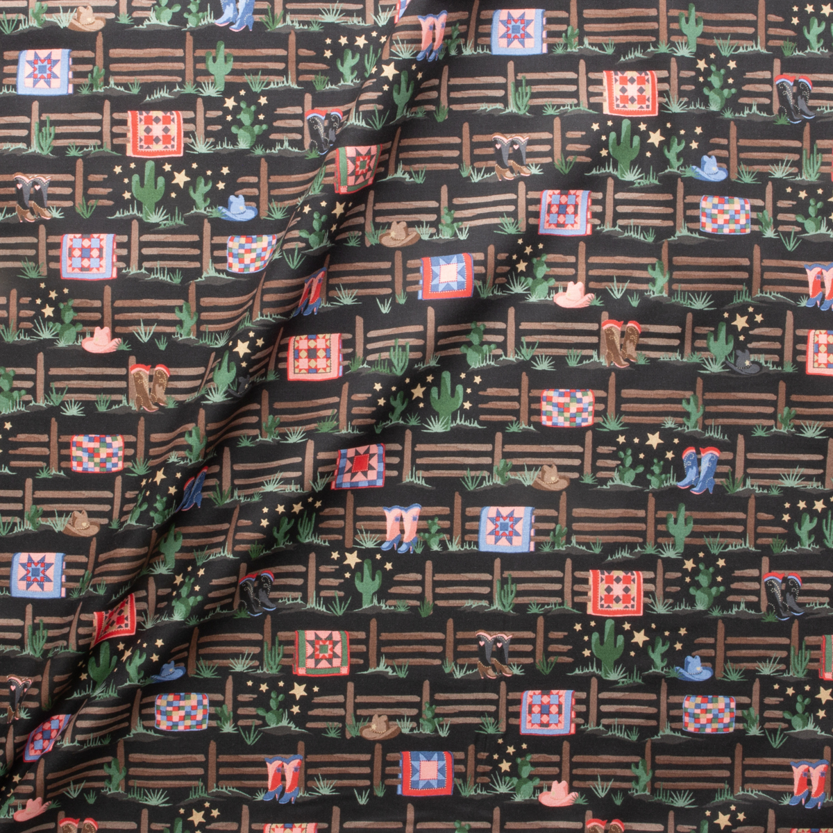 Quiltin Cowgirls Black Cotton Novelty Print From Maywood Studios #29595 Fabric By The Yard - Wide shot