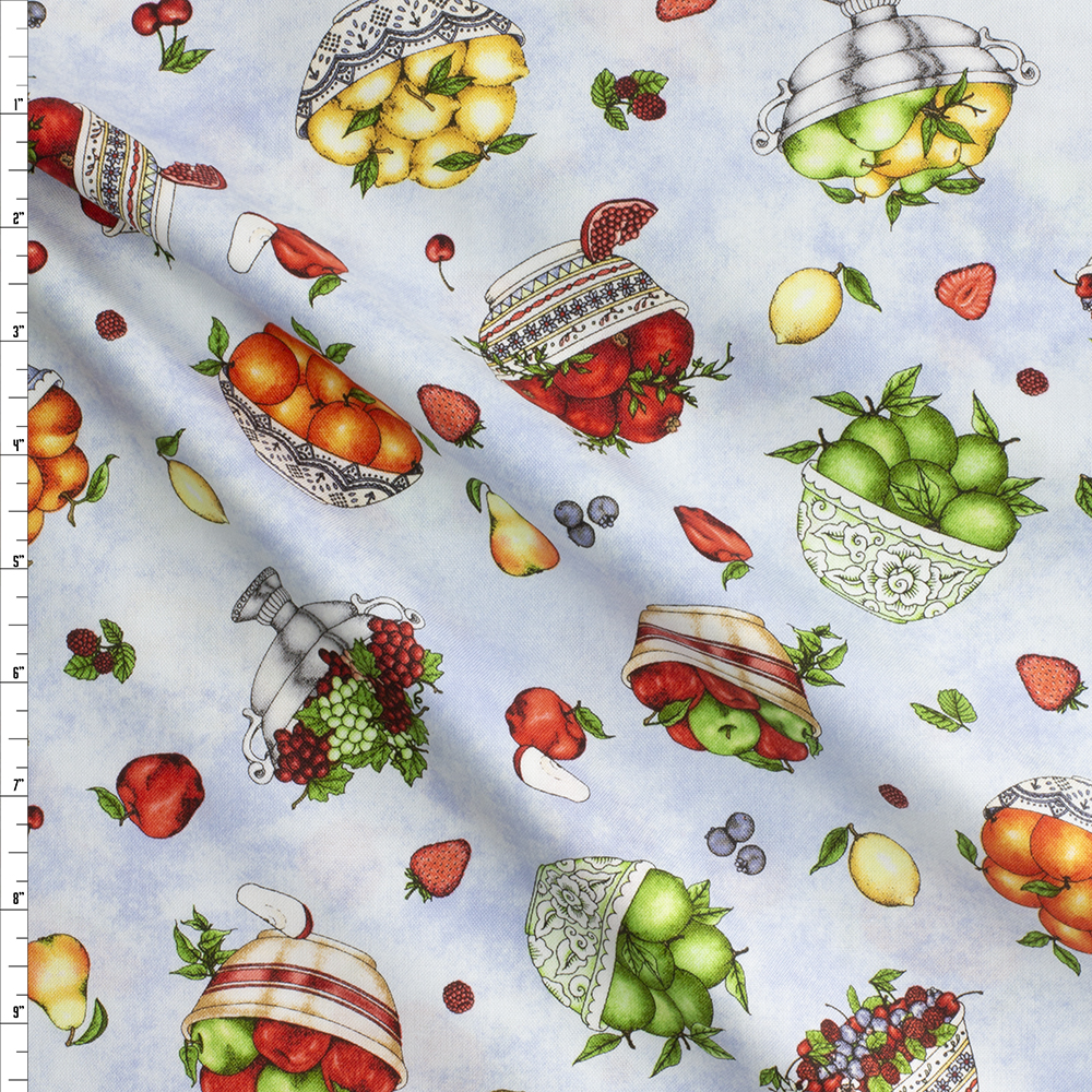 Fancy Fruits Light Blue Cotton Novelty Print From Maywood Studios #29596 Fabric By The Yard