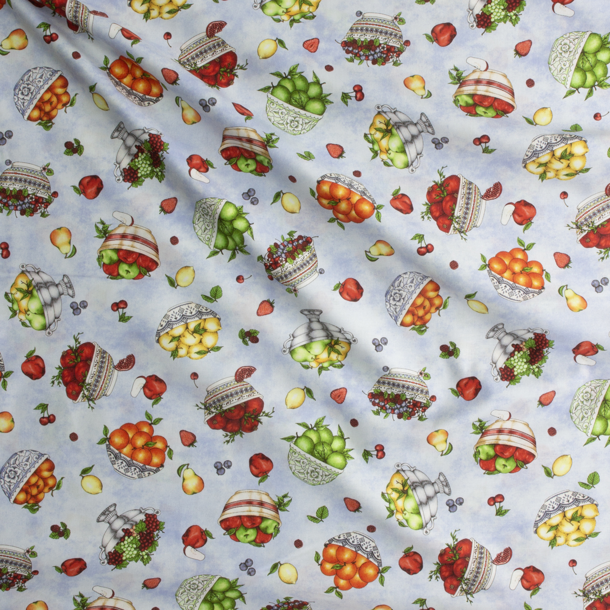 Fancy Fruits Light Blue Cotton Novelty Print From Maywood Studios #29596 Fabric By The Yard - Wide shot