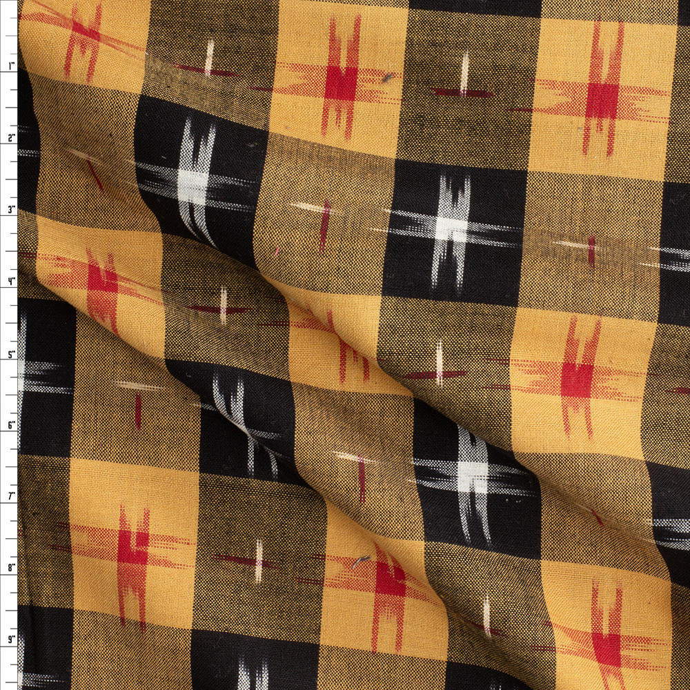 Black, Tan, Red, And White Plaid Dakota Cotton Ikat #29617 Fabric By The Yard