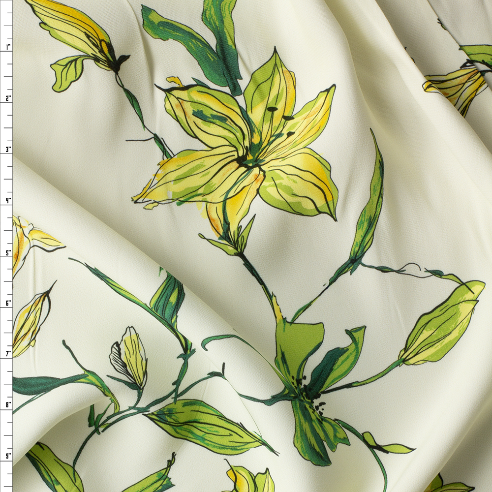 Daffodil Floral on Ivory Rayon Crepe #29645 Fabric By The Yard