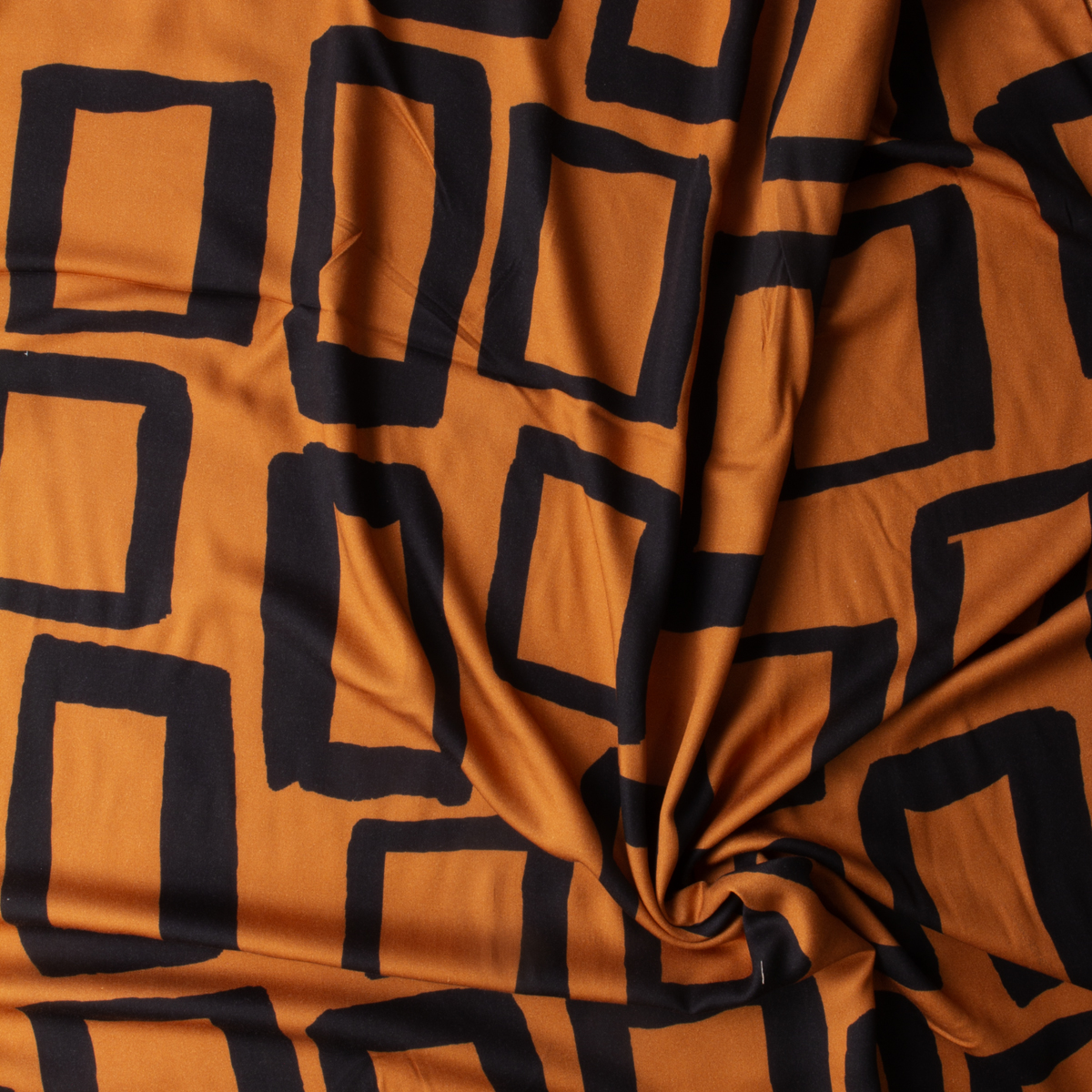 Tan and Black Geometric NYC Designer Rayon Sateen #29648 Fabric By The Yard - Wide shot