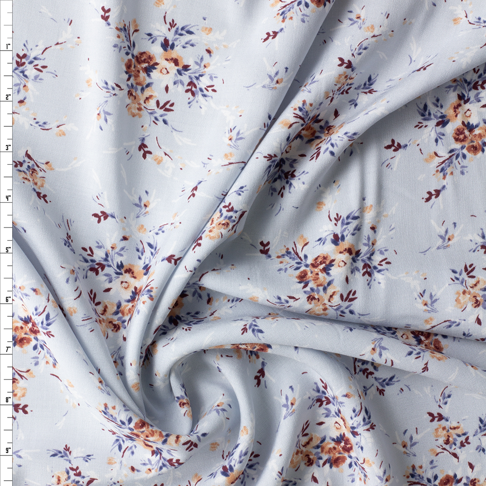 Antique Floral on Soft Blue Rayon Challis #29651 Fabric By The Yard
