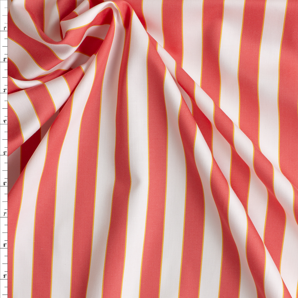 Coral and Offwhite Vertical Stripe Lightweight Cotton Sateen #29670 Fabric By The Yard
