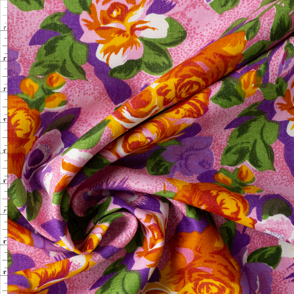Rose Floral on Pink Designer Linen #29719 Fabric By The Yard