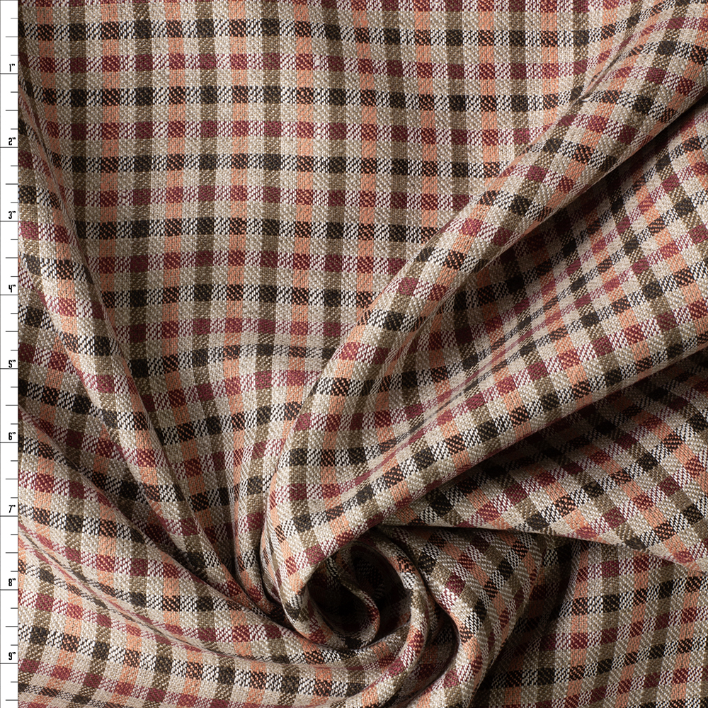 Taupe, Coral, and Black. Plaid on Oatmeal Designer Linen #29723 Fabric By The Yard
