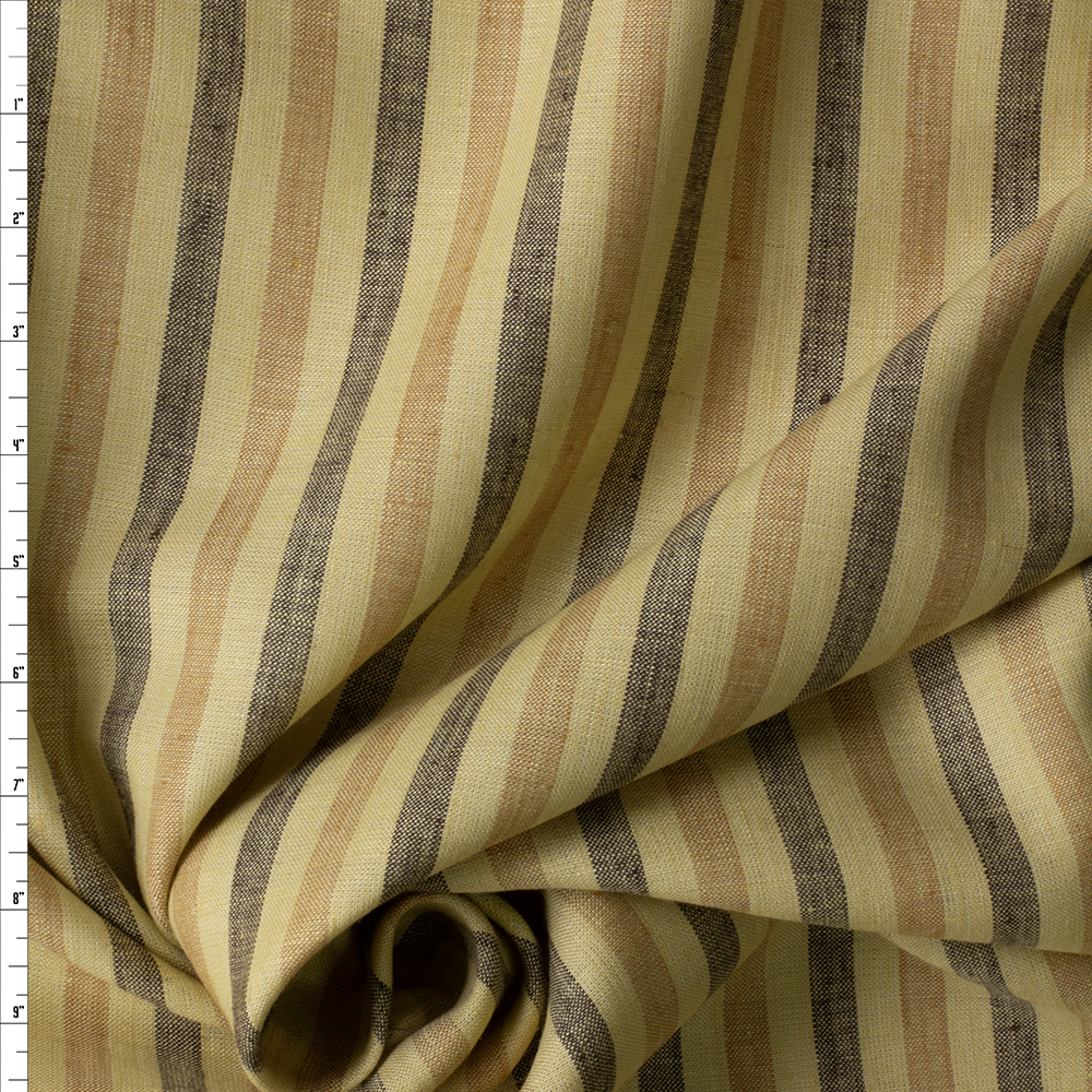 Flax, Tan, and Black, Vertical Stripe Designer Linen #29730 Fabric By The Yard