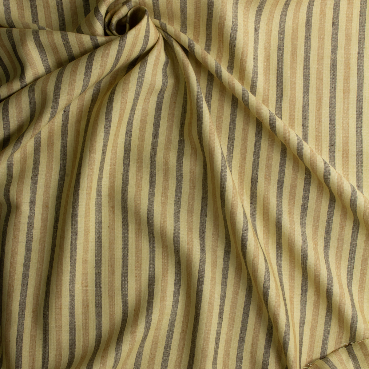 Flax, Tan, and Black, Vertical Stripe Designer Linen #29730 Fabric By The Yard - Wide shot