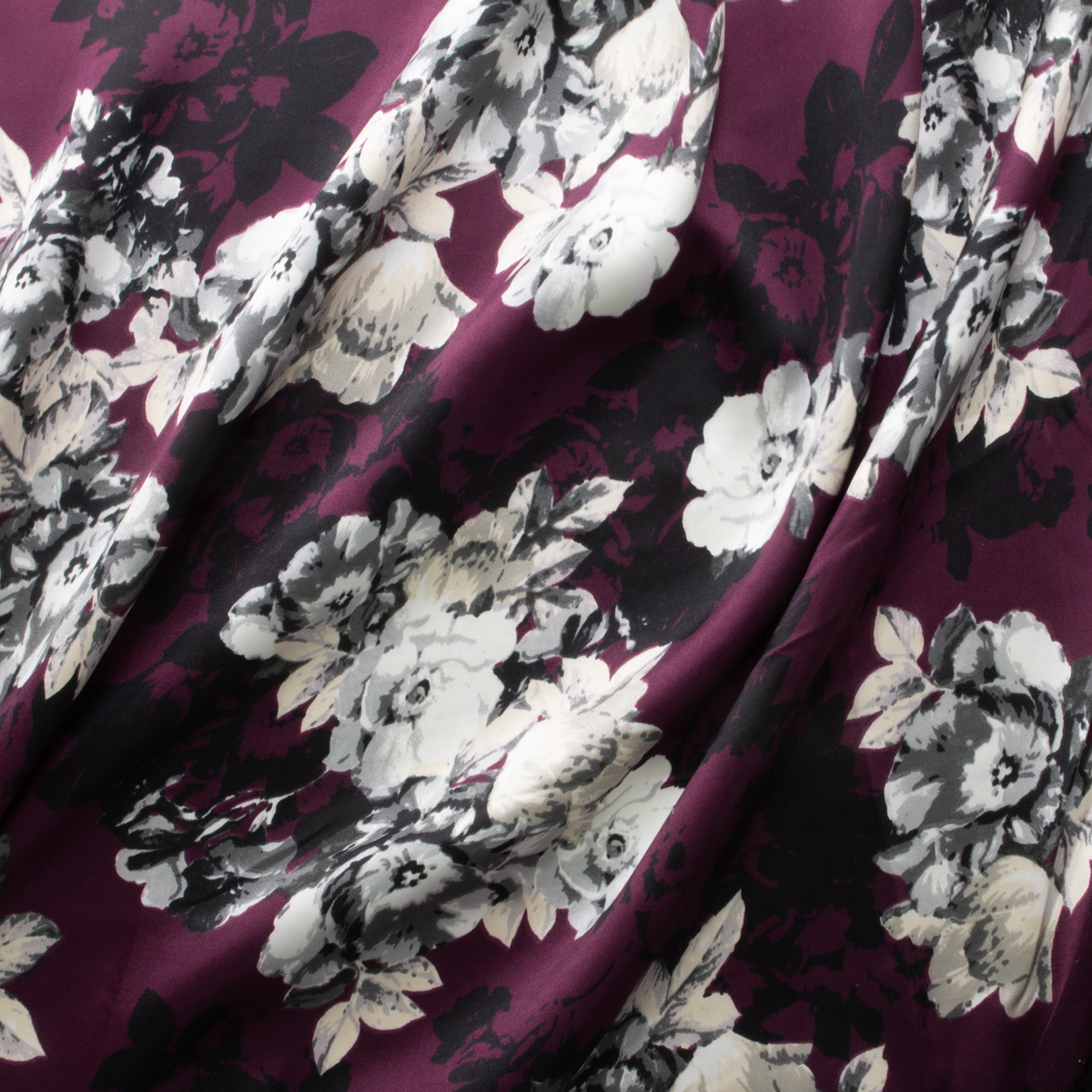 Greyscale Floral on Wine Polyester Mikado Twill #29859 Fabric By The Yard - Wide shot
