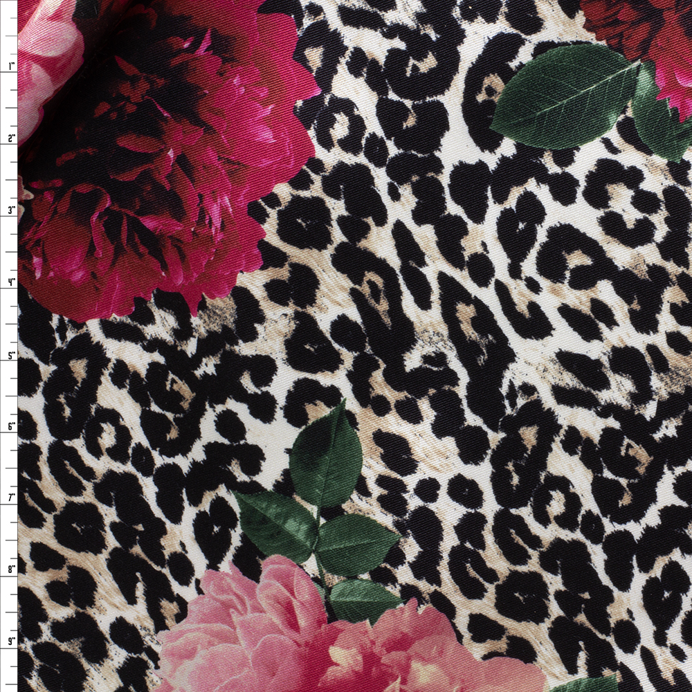 Hot Pink Floral on Leopard Print Polyester Mikado Twill #29860 Fabric By The Yard