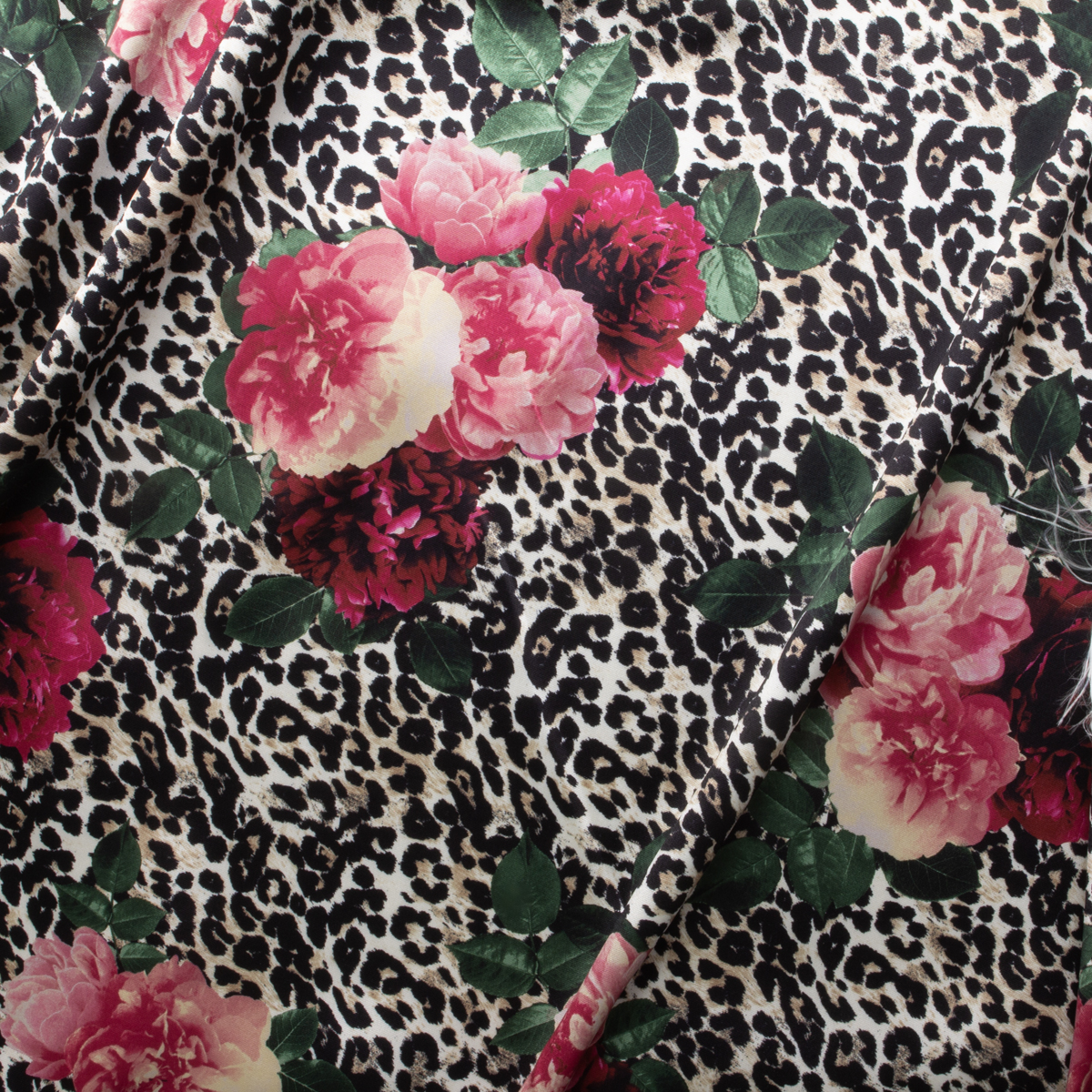 Hot Pink Floral on Leopard Print Polyester Mikado Twill #29860 Fabric By The Yard - Wide shot