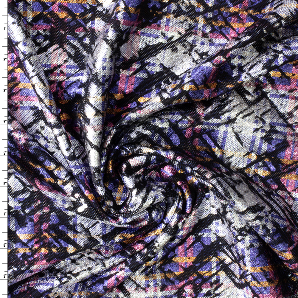 Metallic Silver, Pink, and Lavender Plaid Overlay on Black Denim Look Knit #29872 Fabric By The Yard