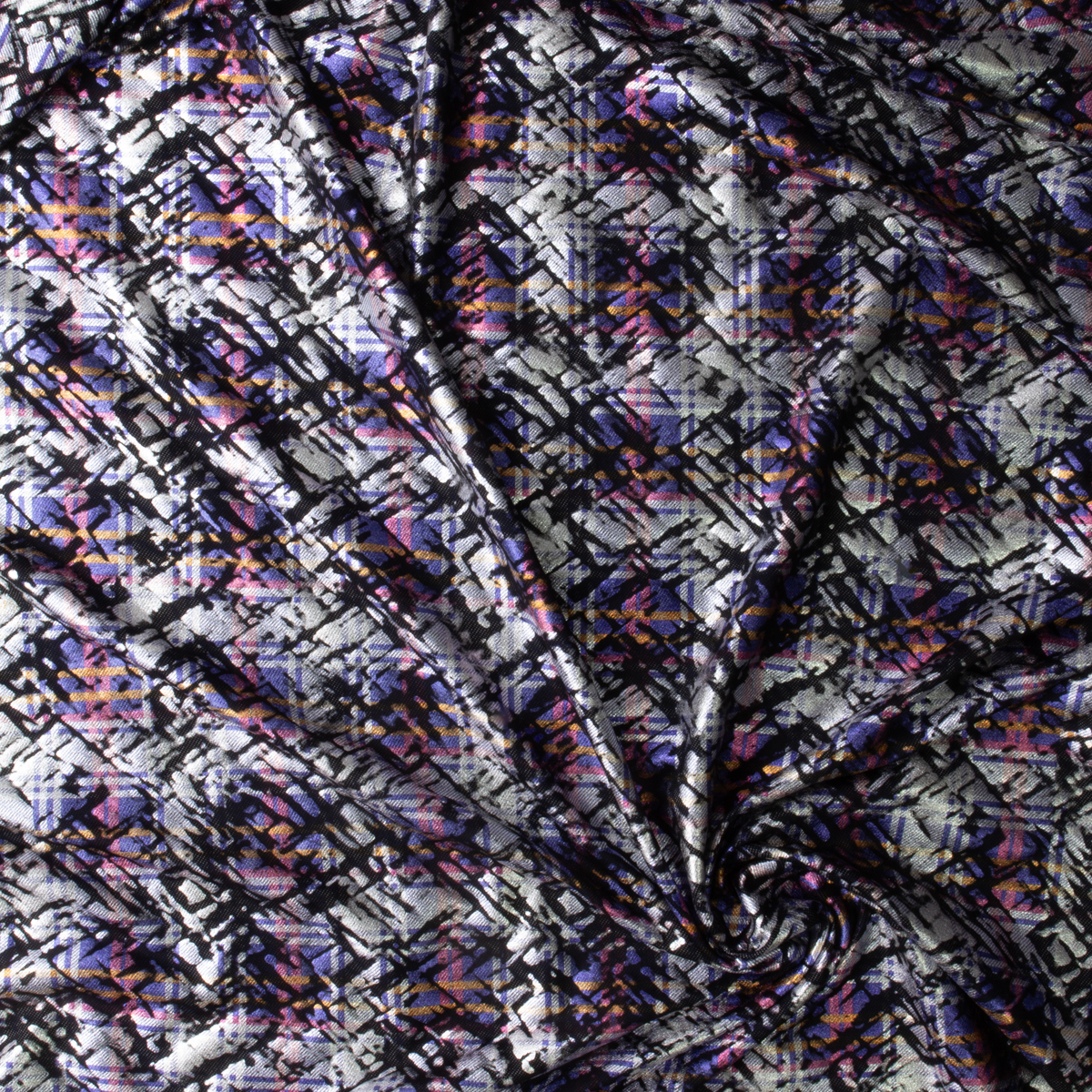 Metallic Silver, Pink, and Lavender Plaid Overlay on Black Denim Look Knit #29872 Fabric By The Yard - Wide shot