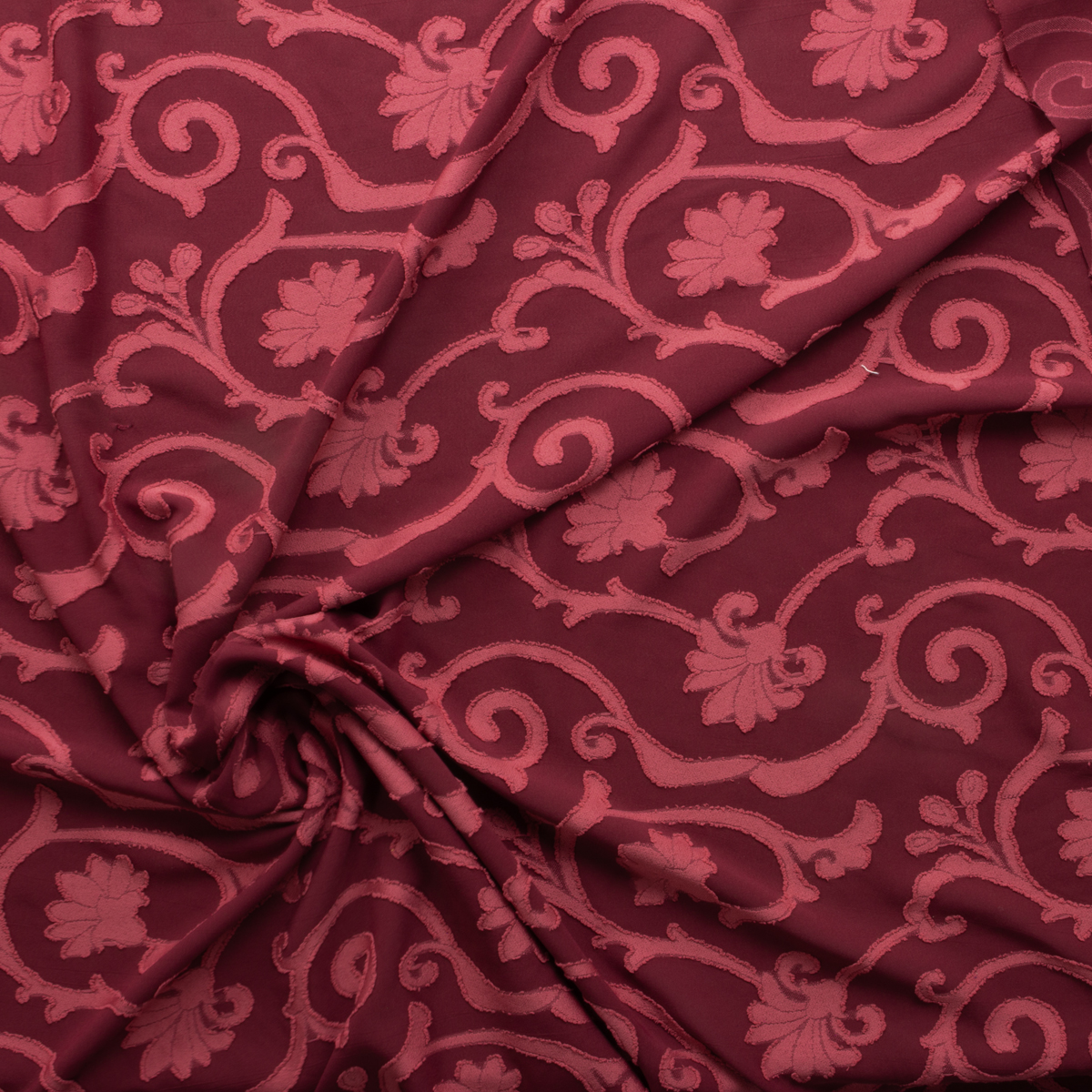 Wine Scrollwork Burnout Poly Poplin #29881 Fabric By The Yard - Wide shot