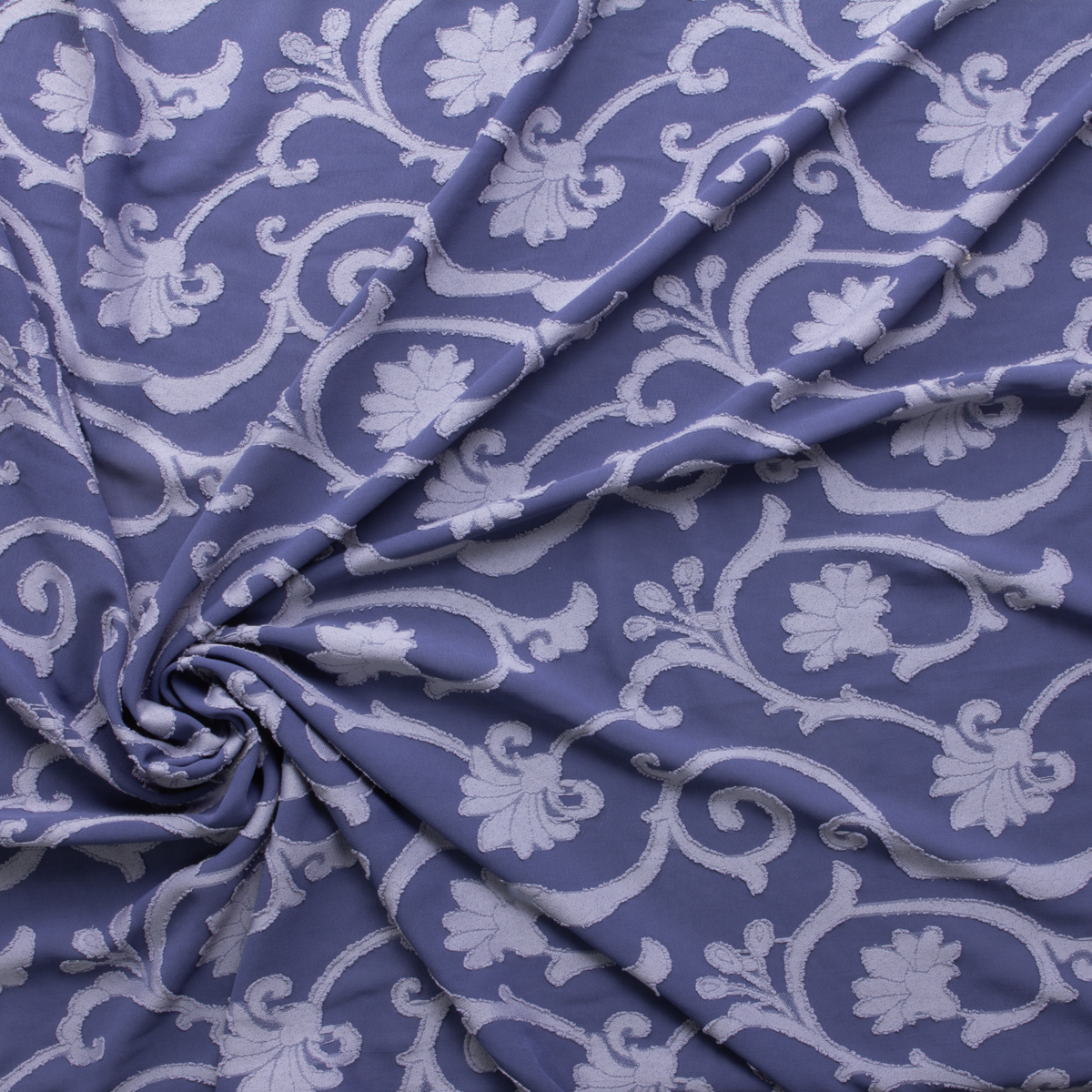 Denim Blue Scrollwork Burnout Poly Poplin #29883 Fabric By The Yard - Wide shot