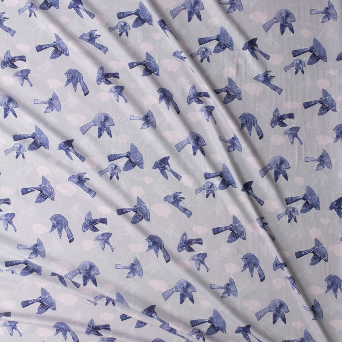 Blue Birds on Grey Skies Double Brushed Poly/Spandex #29913 Fabric By The Yard - Wide shot