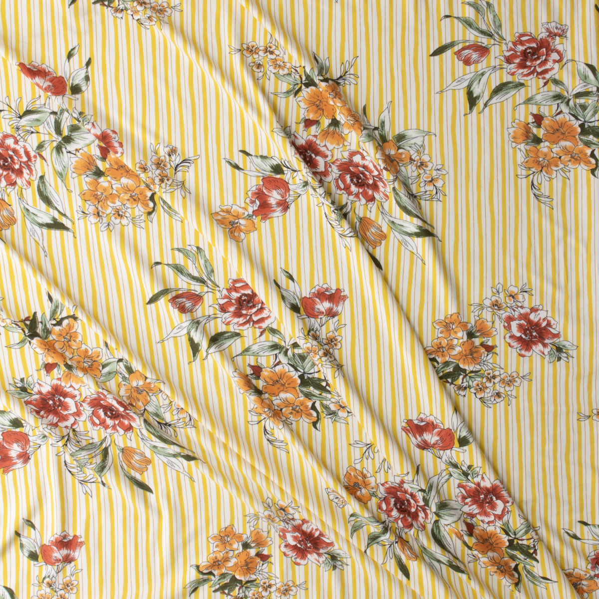 Pink and Orange Sketch Floral on Yellow and White Vertical Stripe Double Brushed Poly/Spandex #29920 Fabric By The Yard - Wide shot