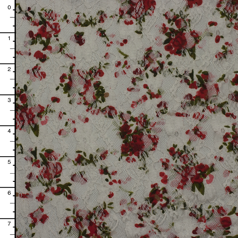 Red and Green on White Floral Print Stretch Lace