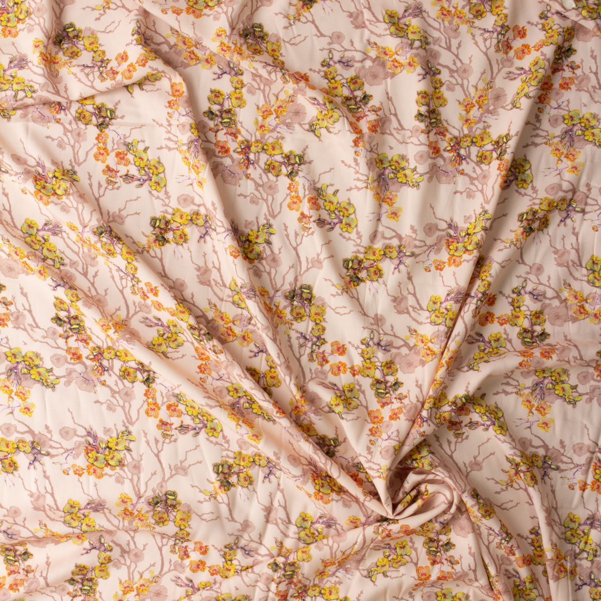 Blossoming Branches on Peach Rayon Challis #29970 Fabric By The Yard - Wide shot