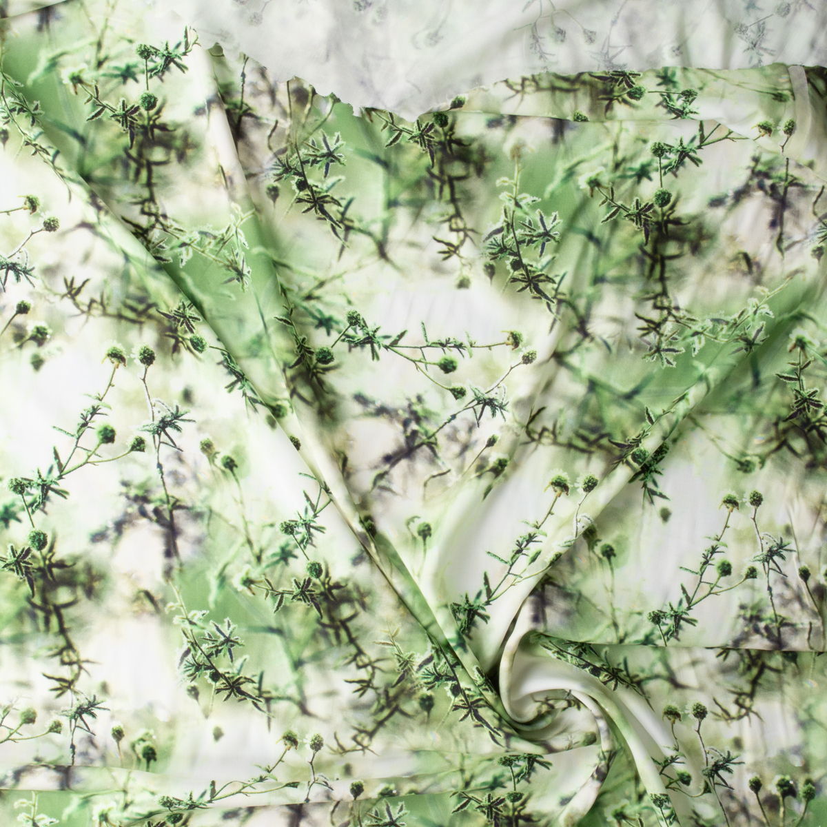 Green Wildflower Branches Rayon Challis #29972 Fabric By The Yard - Wide shot