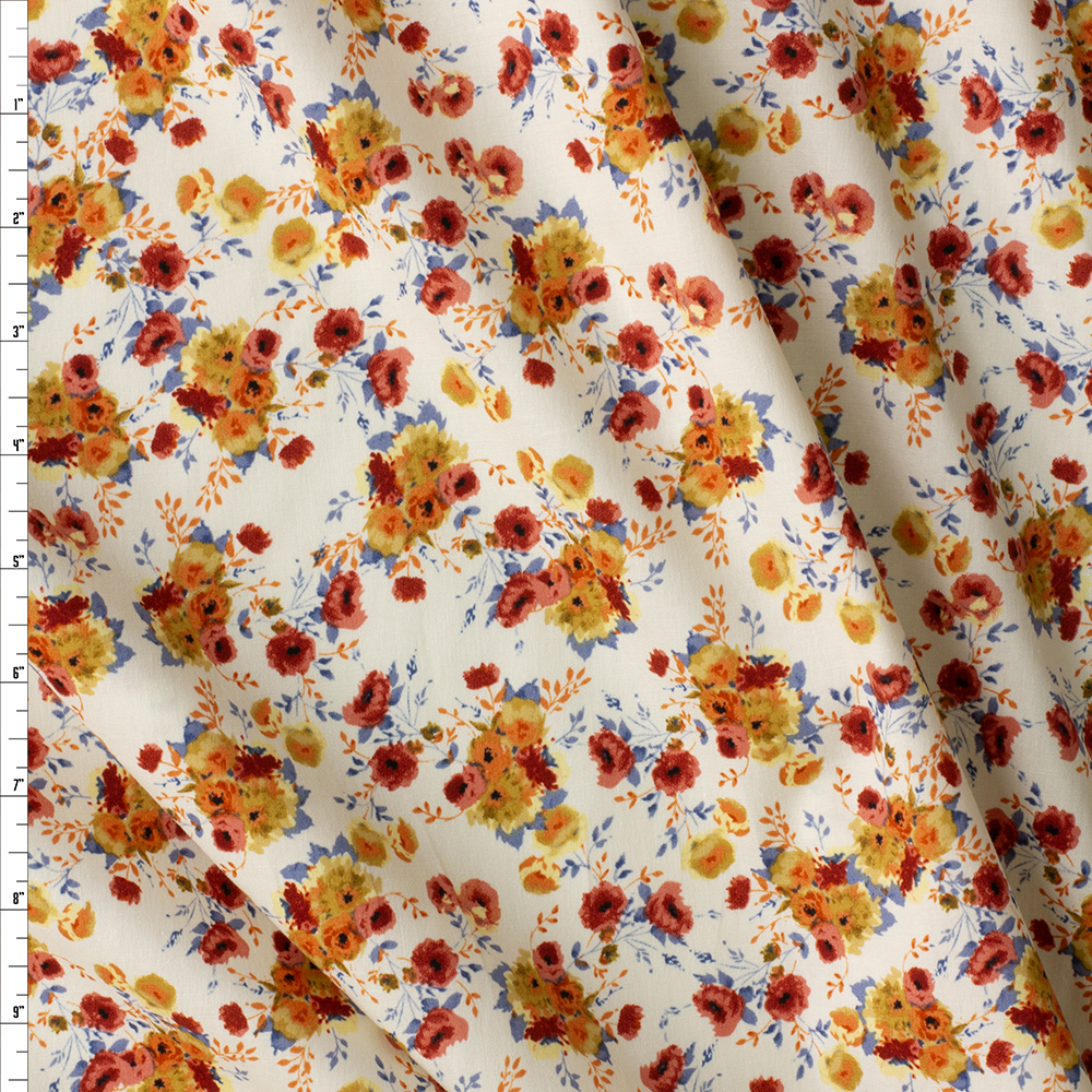 Rust and Tan Floral on Offwhite Stretch Cotton Poplin #29975 Fabric By The Yard