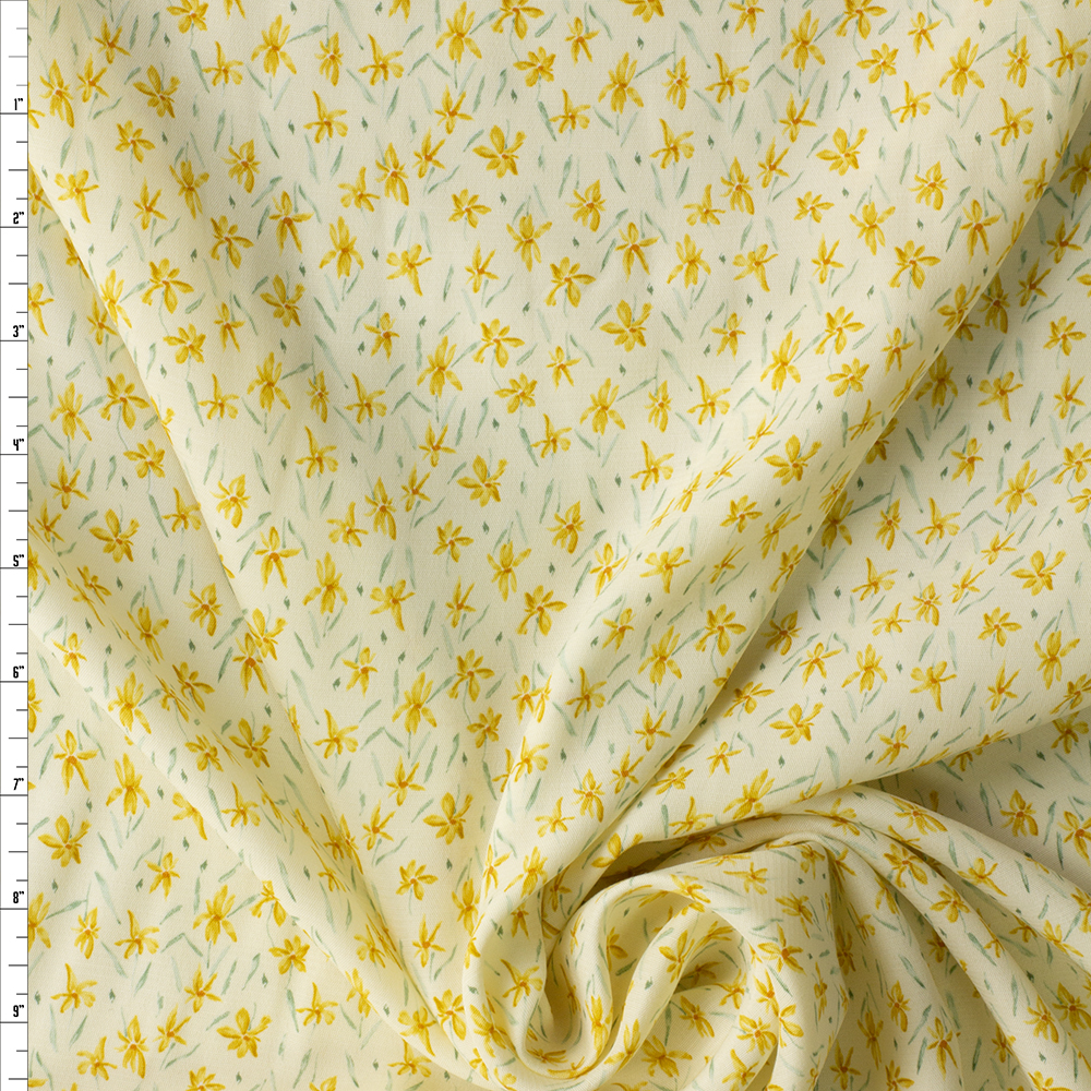Yellow Mini Floral on Ivory Rayon Crepe De Chine #29981 Fabric By The Yard