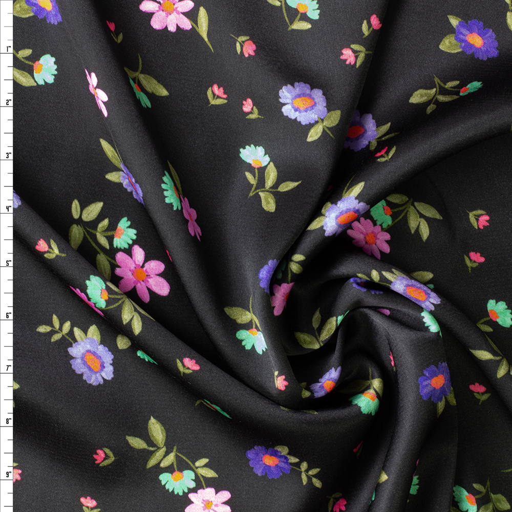 Pink, Teal, and Purple Floral on Black Rayon Satin #29989 Fabric By The Yard