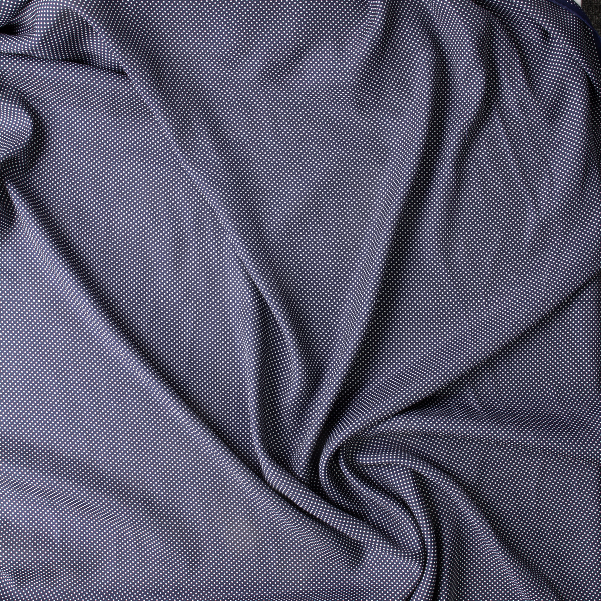 White Micro Polka Dots on Navy Blue Silky Rayon Poplin #29992 Fabric By The Yard - Wide shot