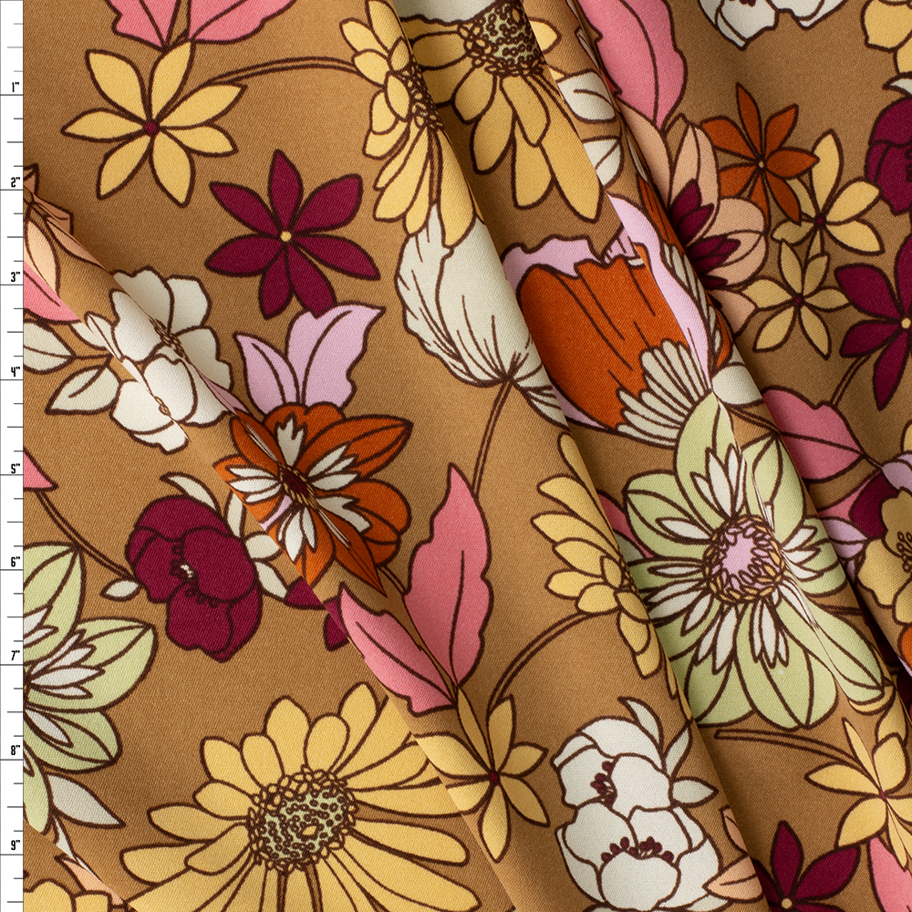 Blush and Ivory Retro Floral on Tan Lightweight Stretch Poly Poplin #30000 Fabric By The Yard