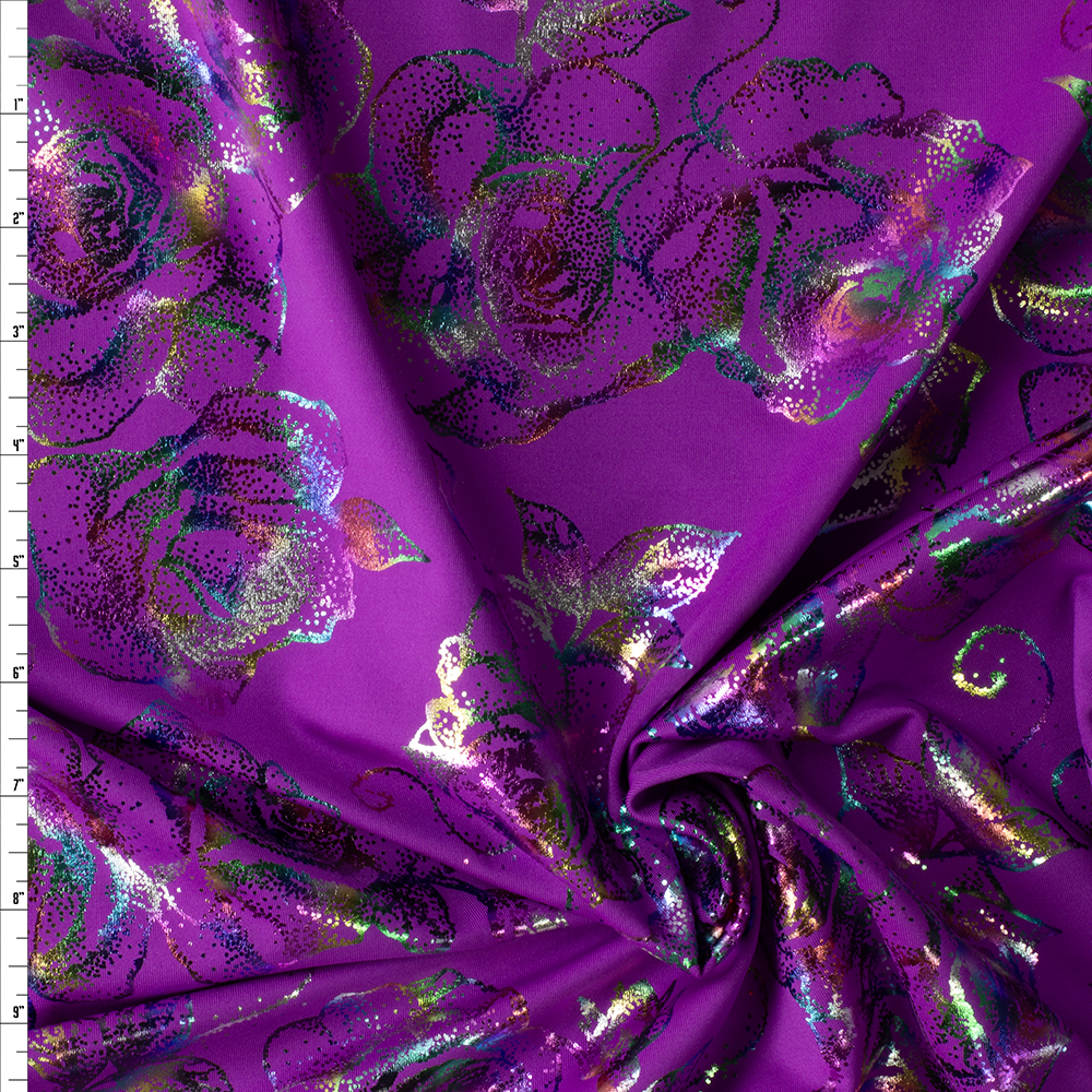 Oil Spill Metallic Roses on Purple Nylon/Spandex #30014 Fabric By The Yard