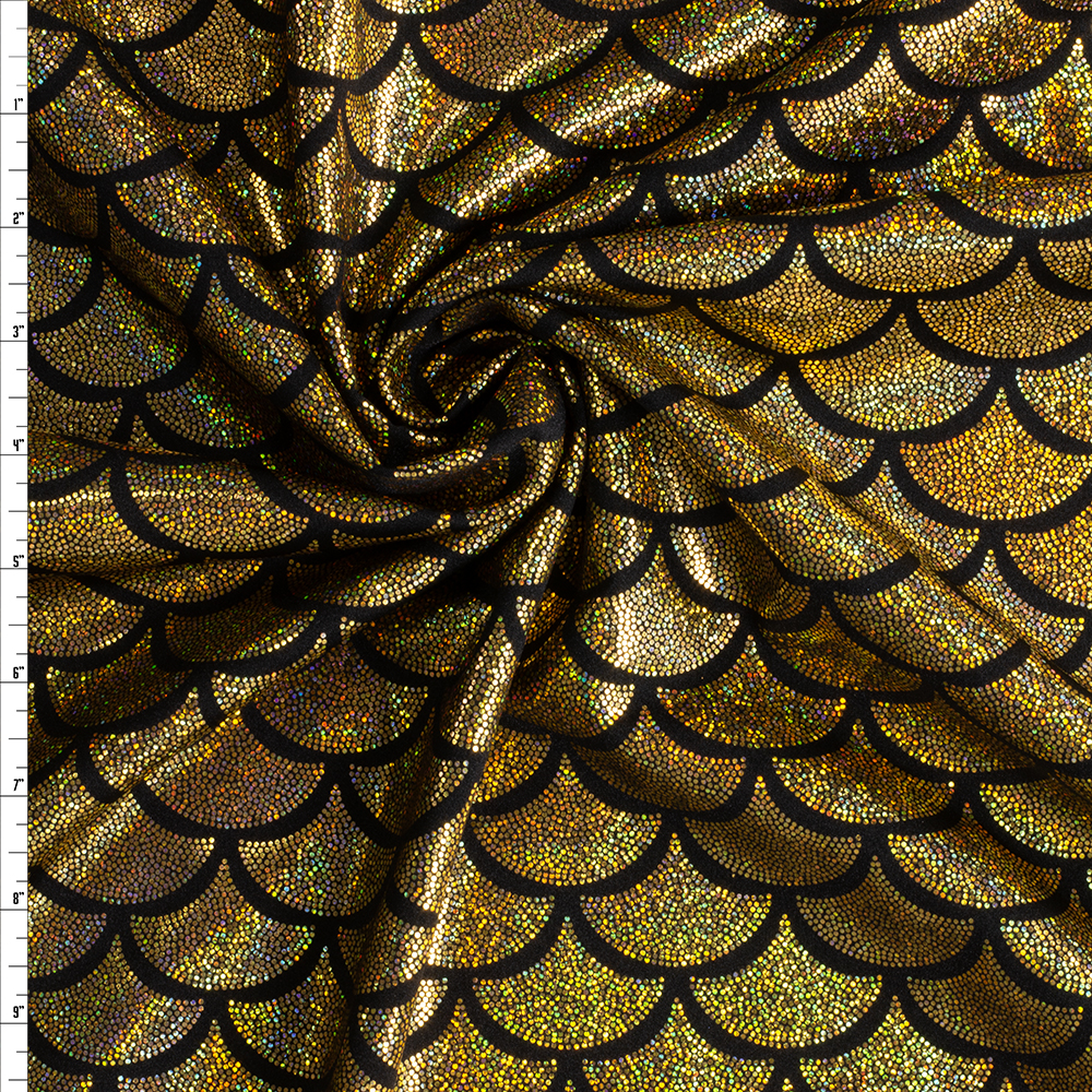 Holo Gold Scales on Black  Nylon/Spandex #30015 Fabric By The Yard