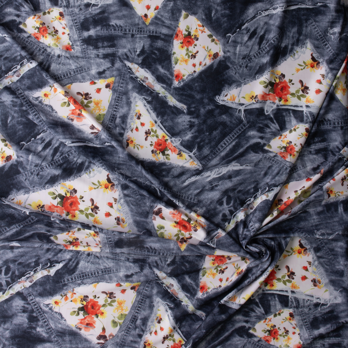 Flower Patch Denim Look Nylon/Spandex #30022 Fabric By The Yard - Wide shot