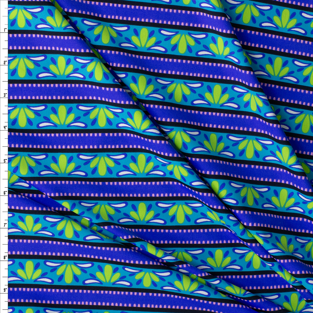 Neon Green, Purple, and Black Horizontal Stripe Nylon/Spandex #30025 Fabric By The Yard